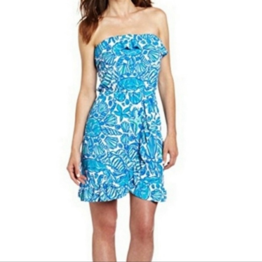 Lilly Pulitzer Flor Shorely Blue Sailors Valentine Ruffle Strapless Dress Sz Sm
